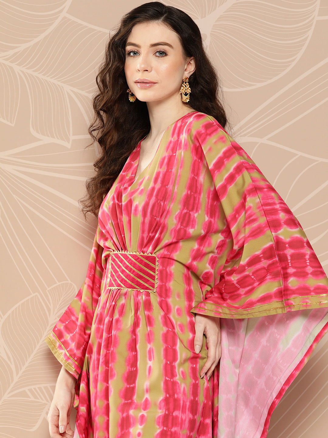 Pink Printed Gotta Patti Belted Detail Kaftan Kurta