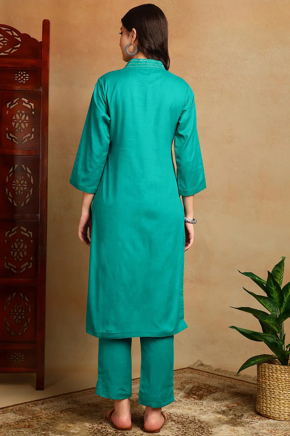 Teal Blue Embroidered Flax Linen Kurta