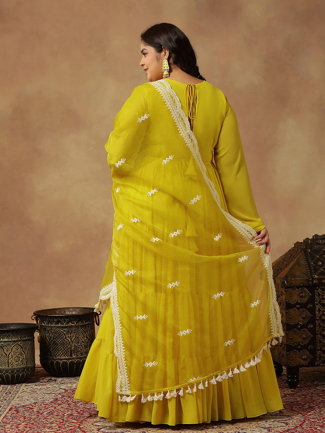 Plus Size Round Neck Georgette Zari Tiered Anarkali Kurta With Dupatta & Belt - ID