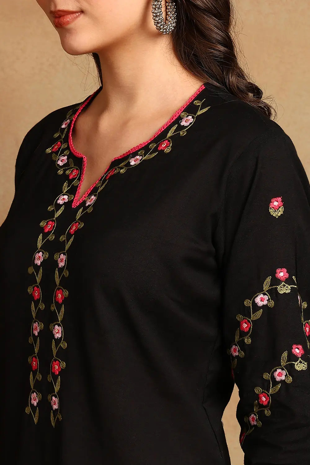 Black Embroidered Flax Linen Kurta