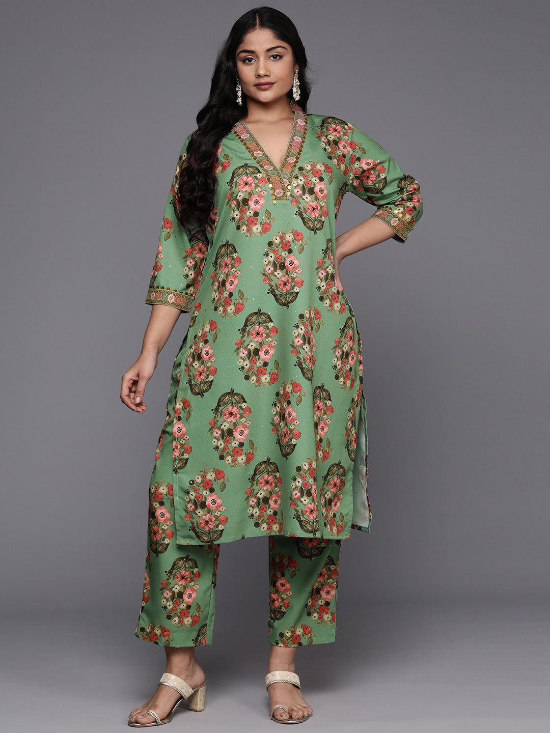 Plus Size Floral Printed Sequinned Kurta with Palazzos-AH