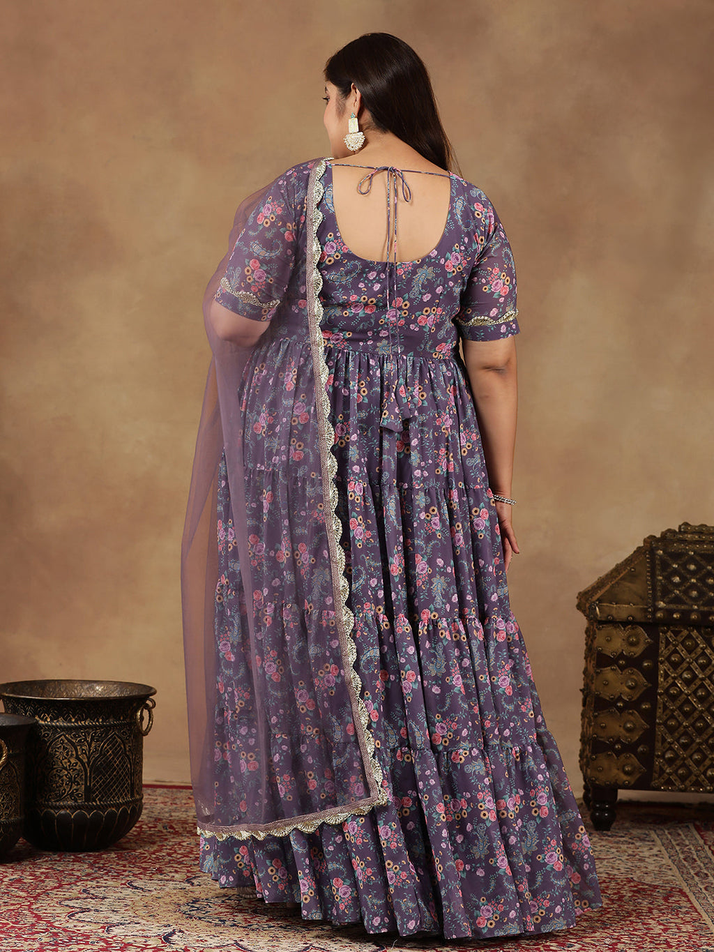 Plus Size Floral Printed Sweetheart Neck Tiered Anarkali Kurta With Dupatta - ID