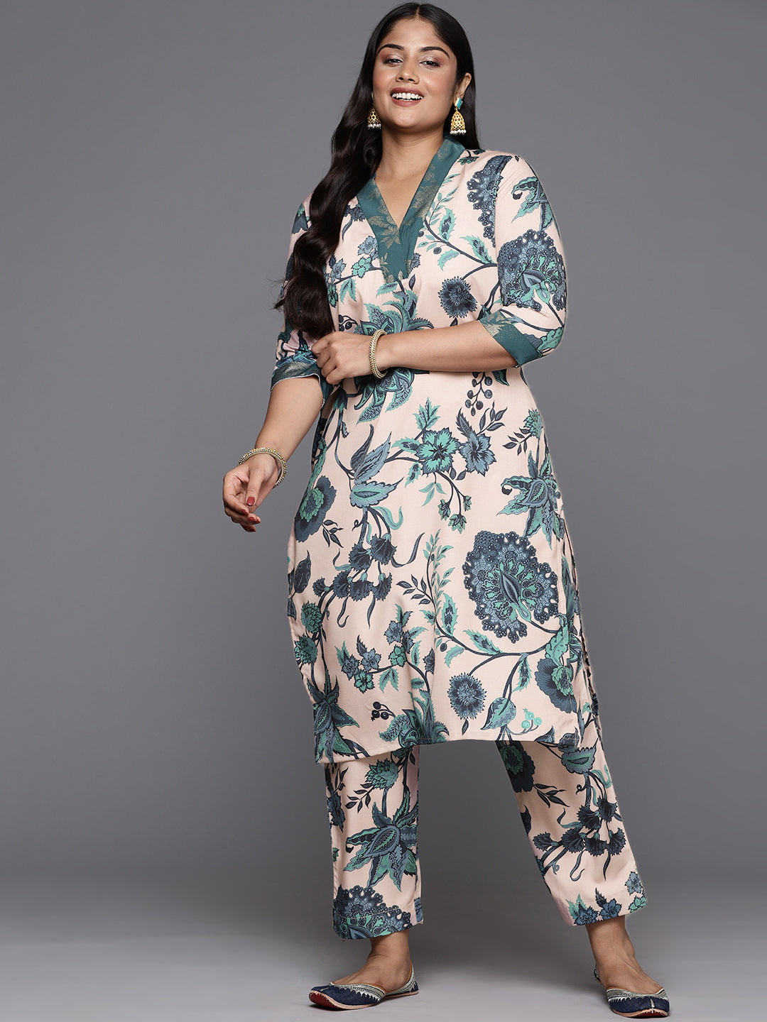 Beige & Green Floral Printed Plus Size Kurta with Trousers