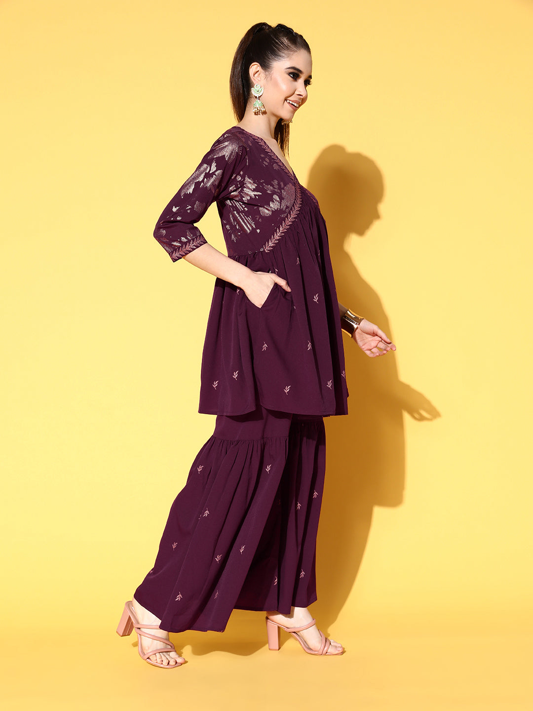 Women's Burgundy Floral Printed Sharara Set