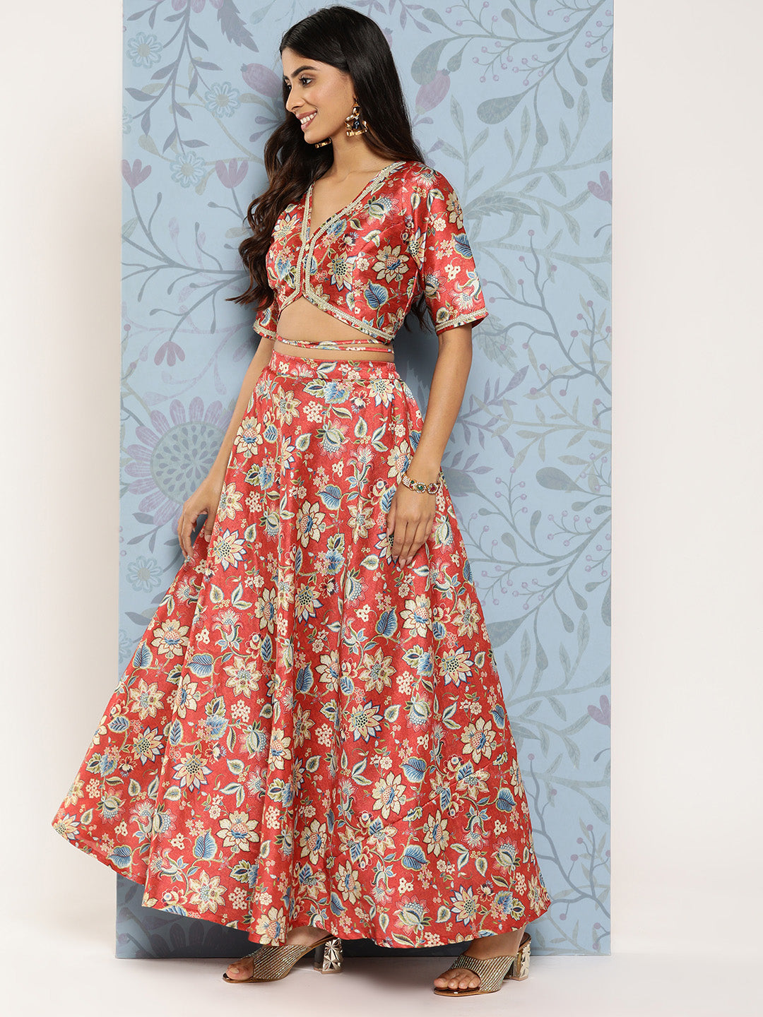 Rust & Blue Floral Printed Ready to Wear Lehenga & Blouse With Dupatta