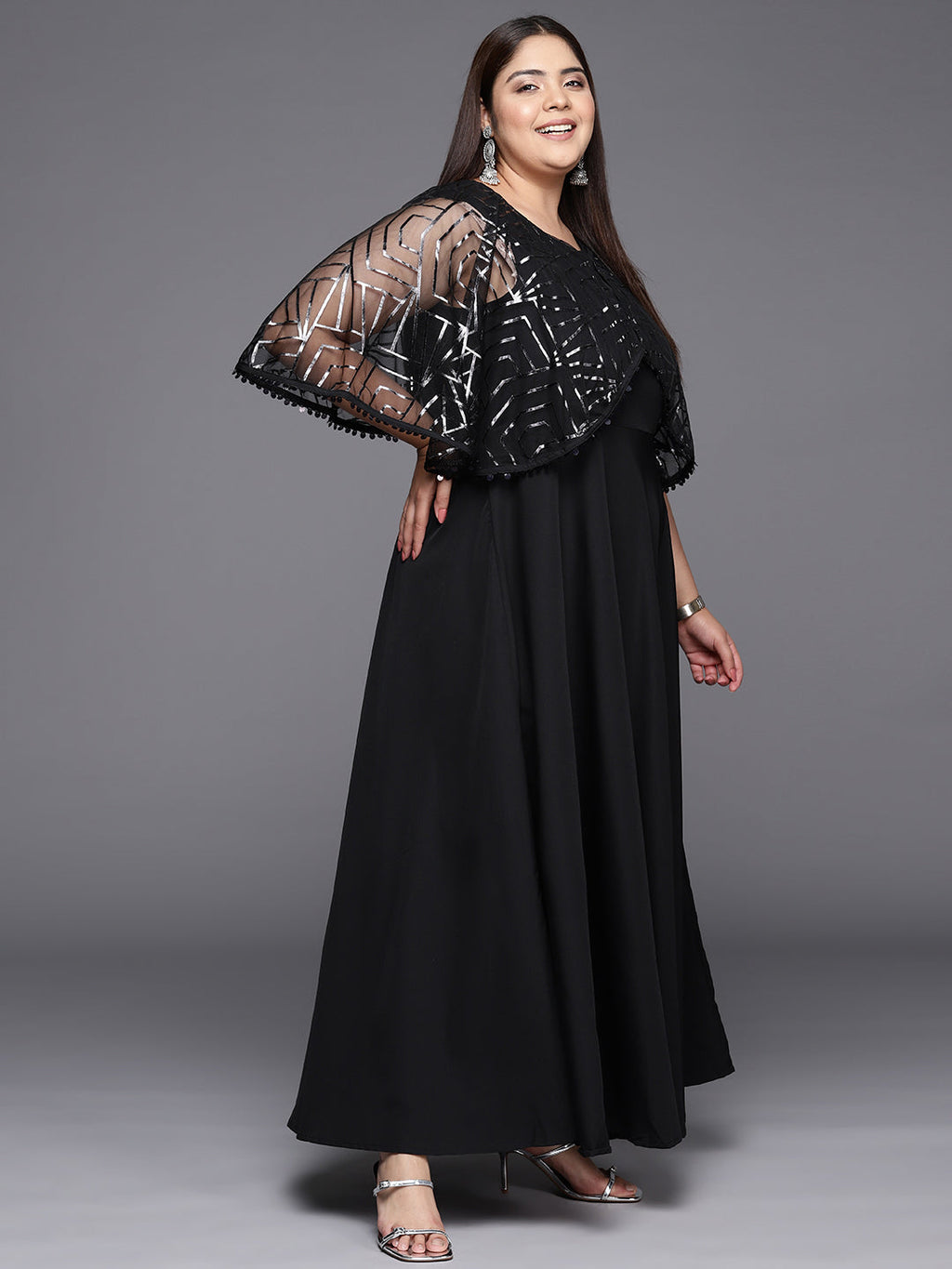Black Geometric Print Plus Size A-line Maxi Ethnic Dress-AH