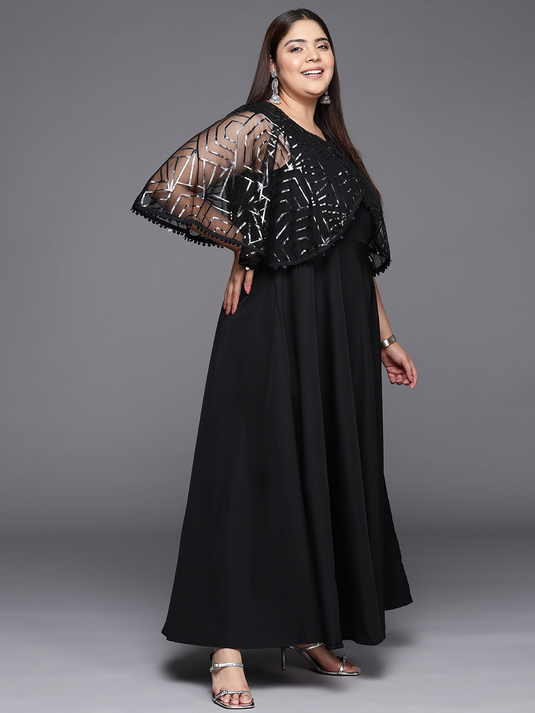 Black Geometric Print Plus Size A-line Maxi Ethnic Dress-AH