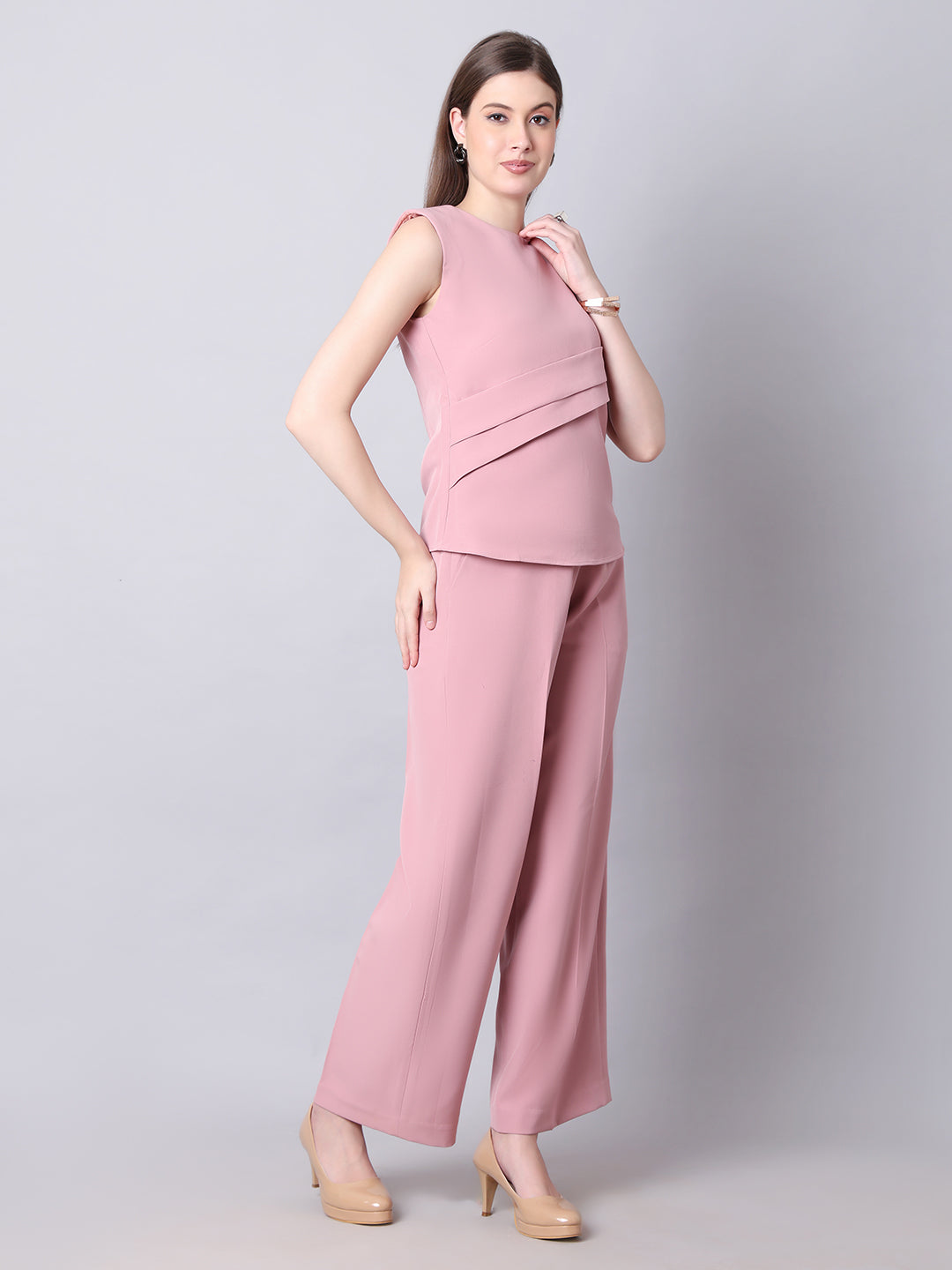 Exude Warrior Queen Side and Shoulder Pleat Top Paired with Wide Leg Trousers