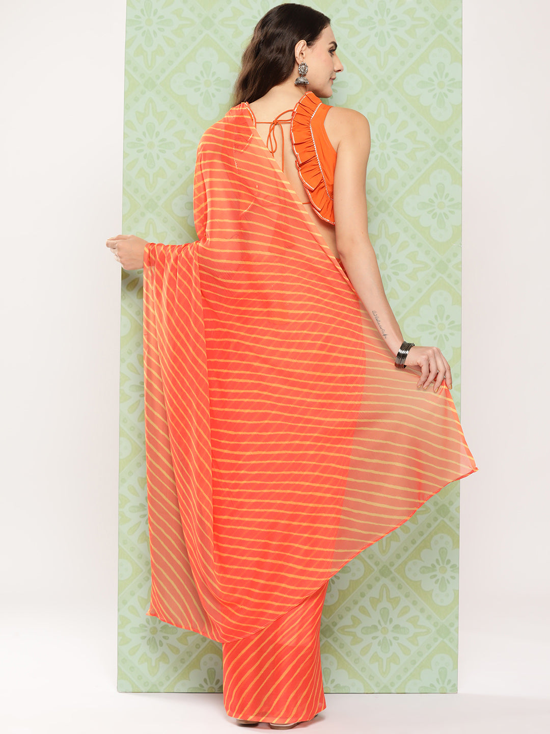 Orange Leheriya Print Poly Chiffon Saree