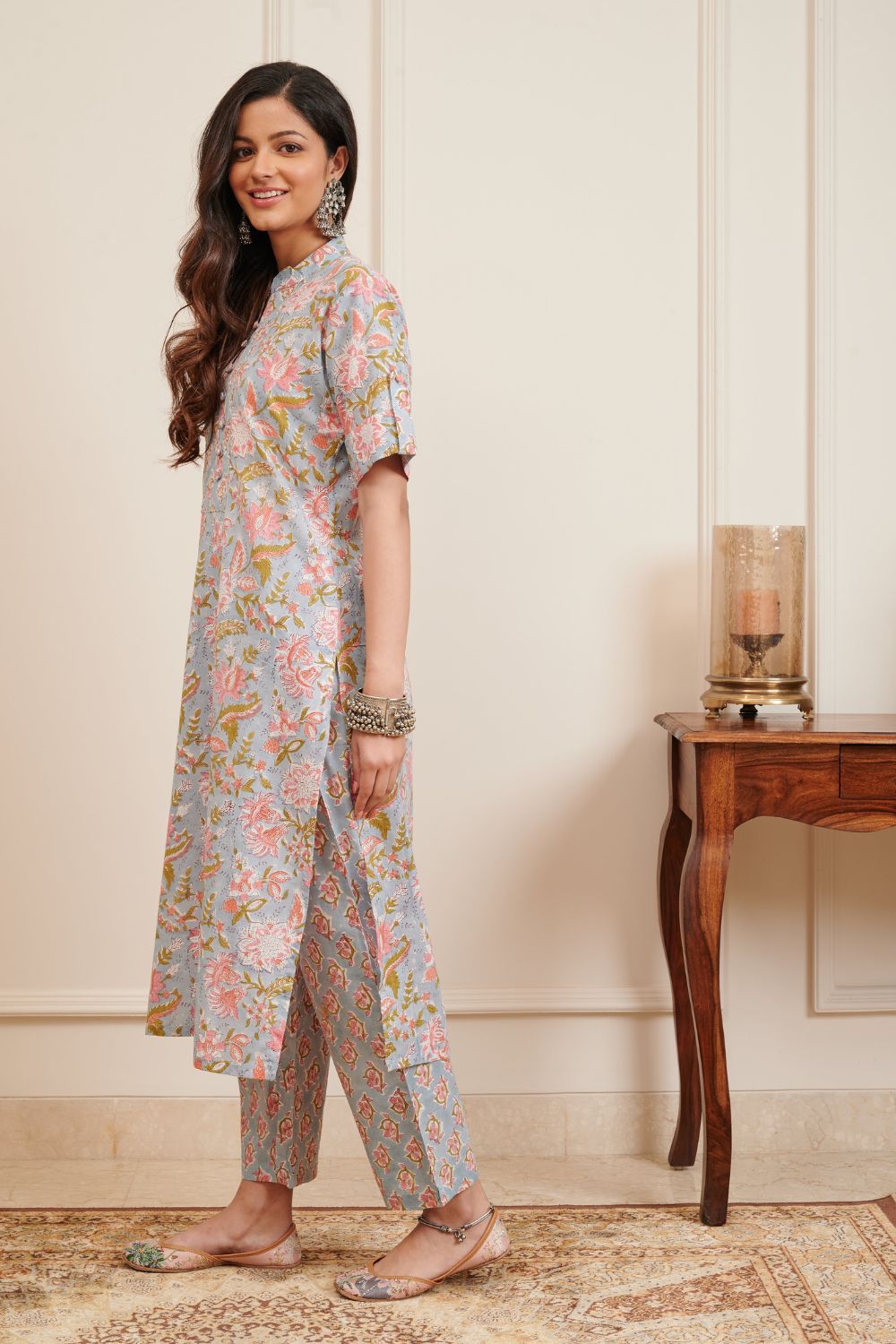 Grey / Pink Hand Block Printed Half Sleeves Kurta