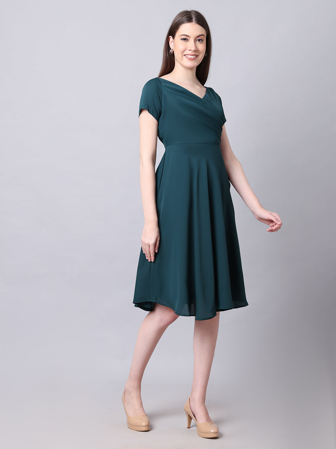 Exude Intrepid V-Neck Front Pleat Dress with Pockets