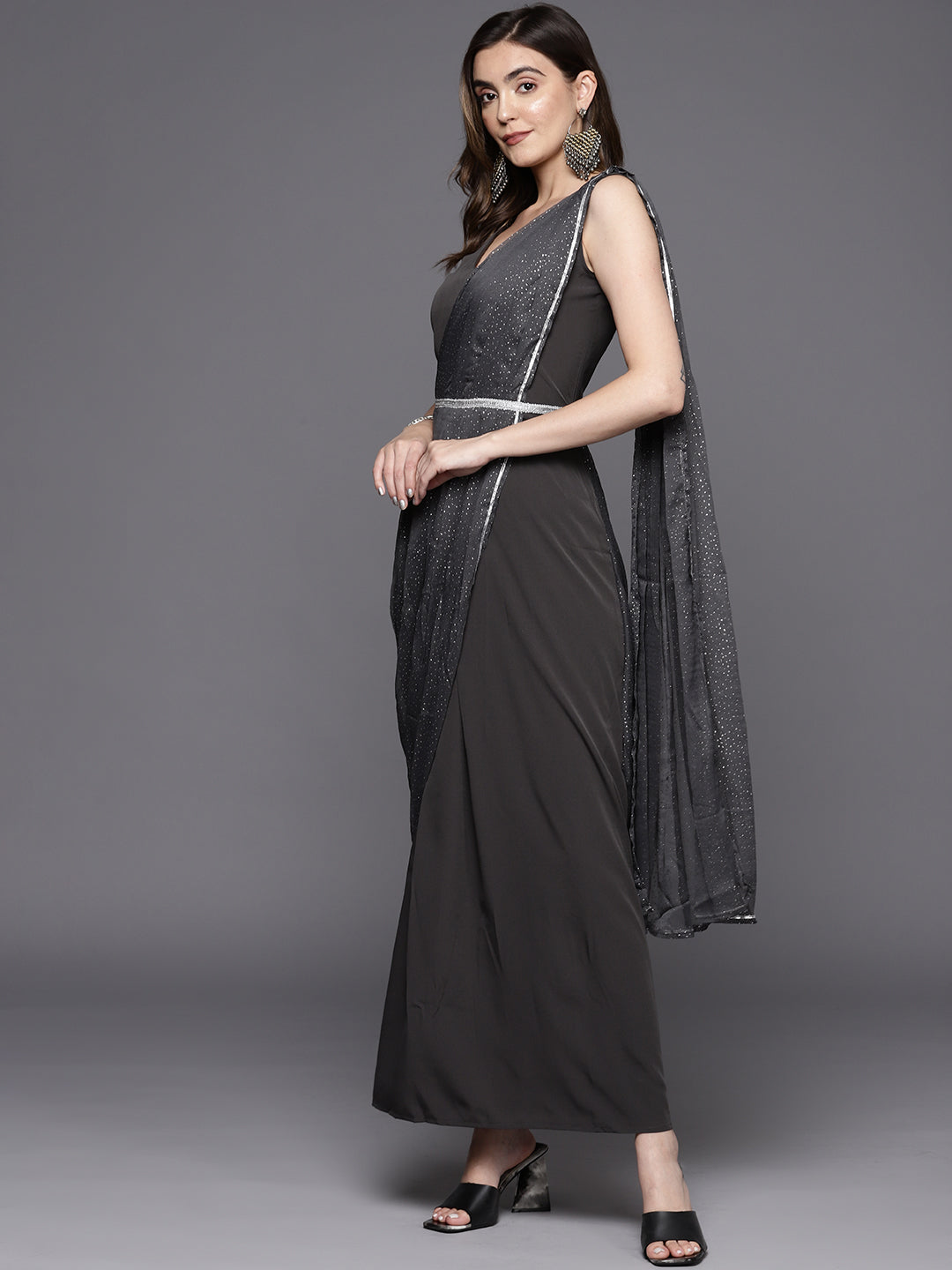 Grey Abstract Print Layered Ethnic Dress