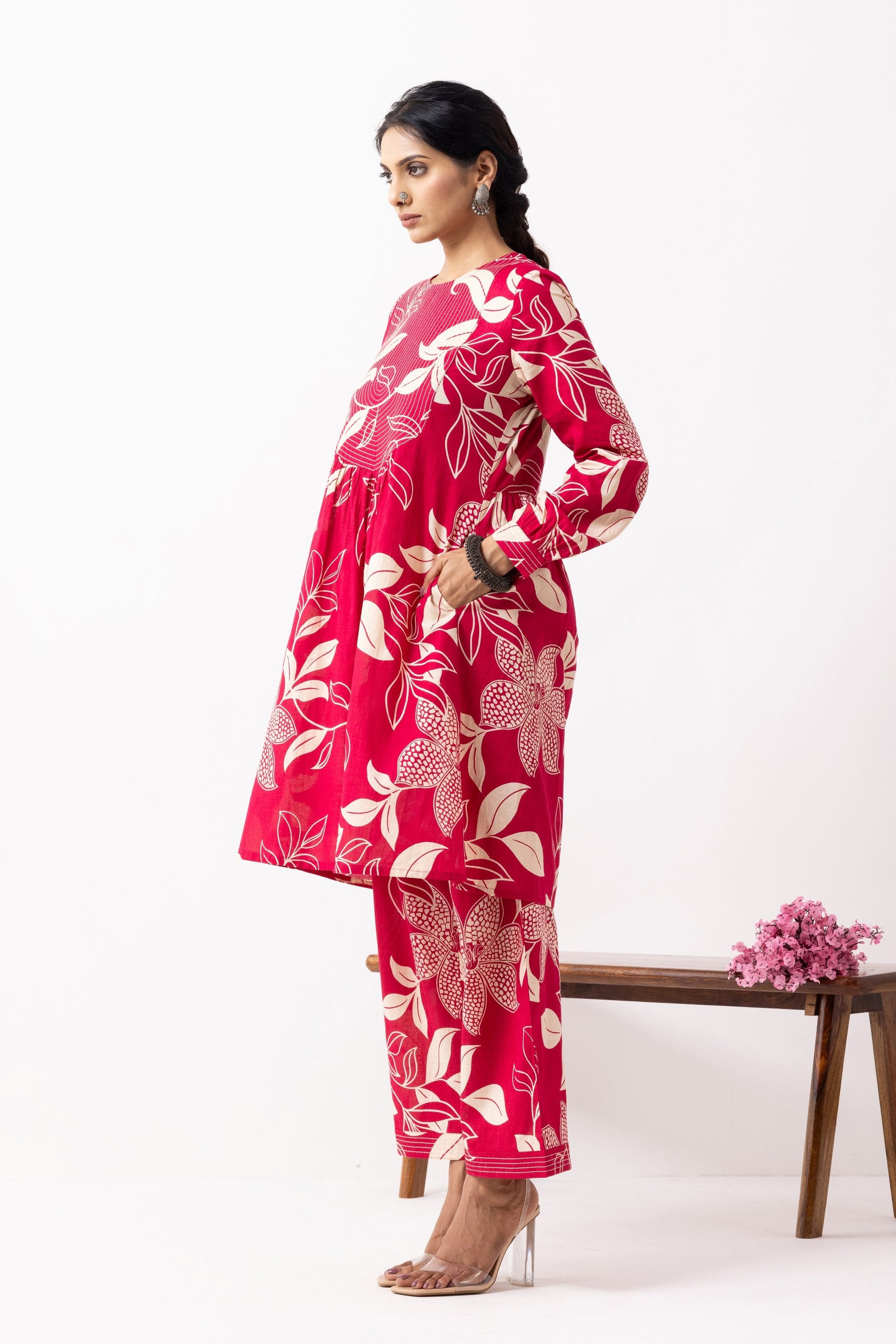 Crimson Red Block Printed Aadhira Kurta Set (Set of 2)- IC