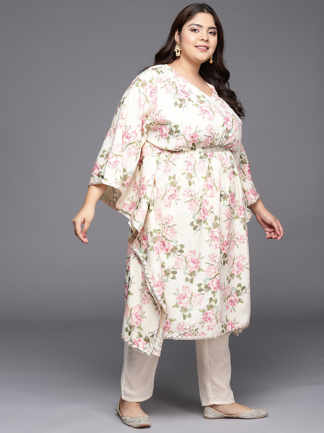 Off White Plus Size Floral Printed Kaftan Kurta