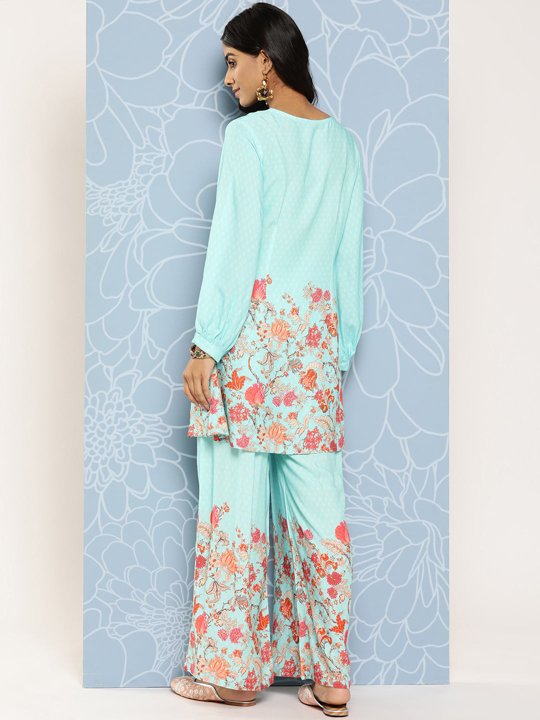 Blue Floral Printed Ethnic Co-Ords