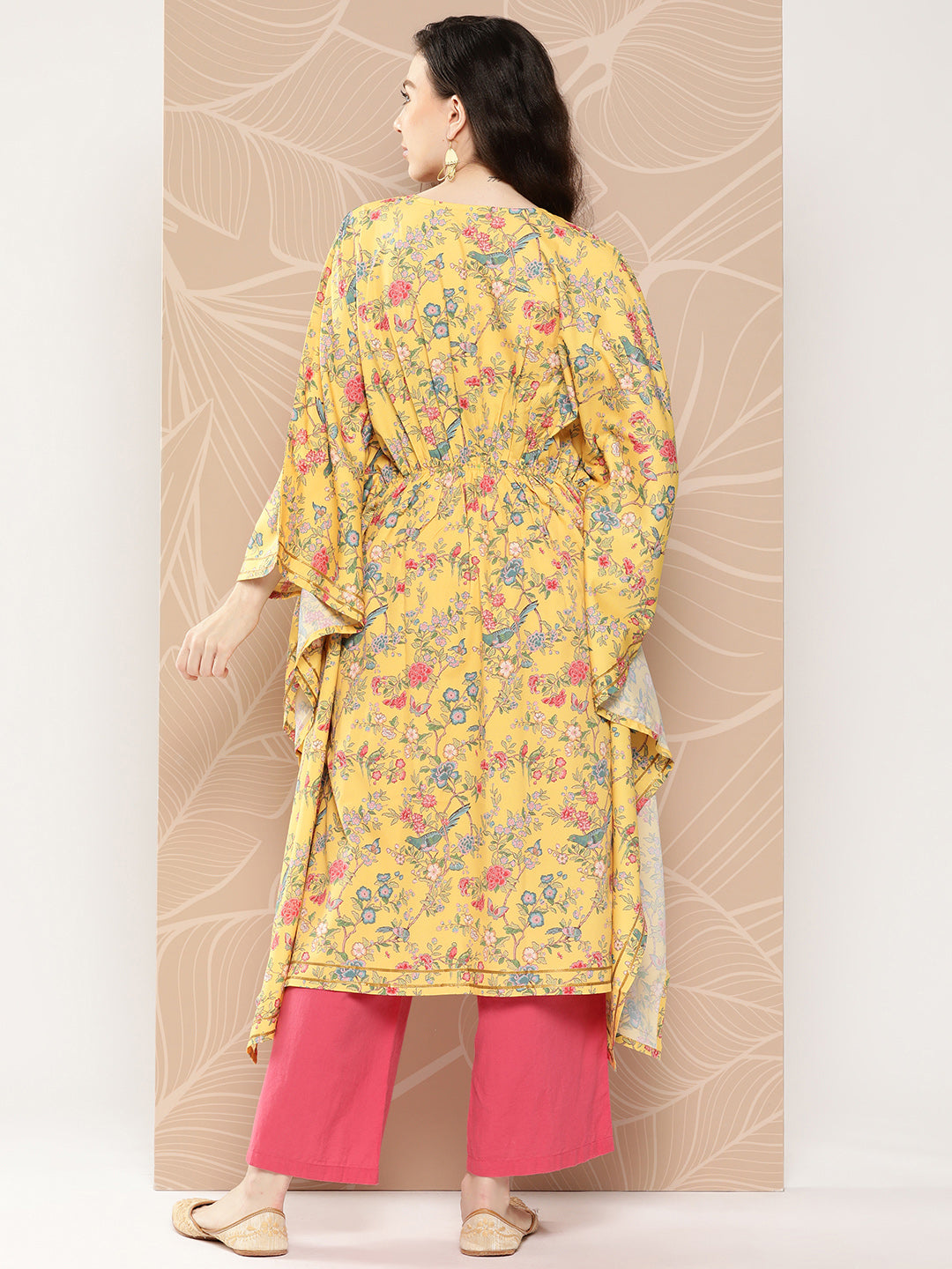 Yellow & Green Floral Printed Gotta Patti Floral Kaftan Kurta