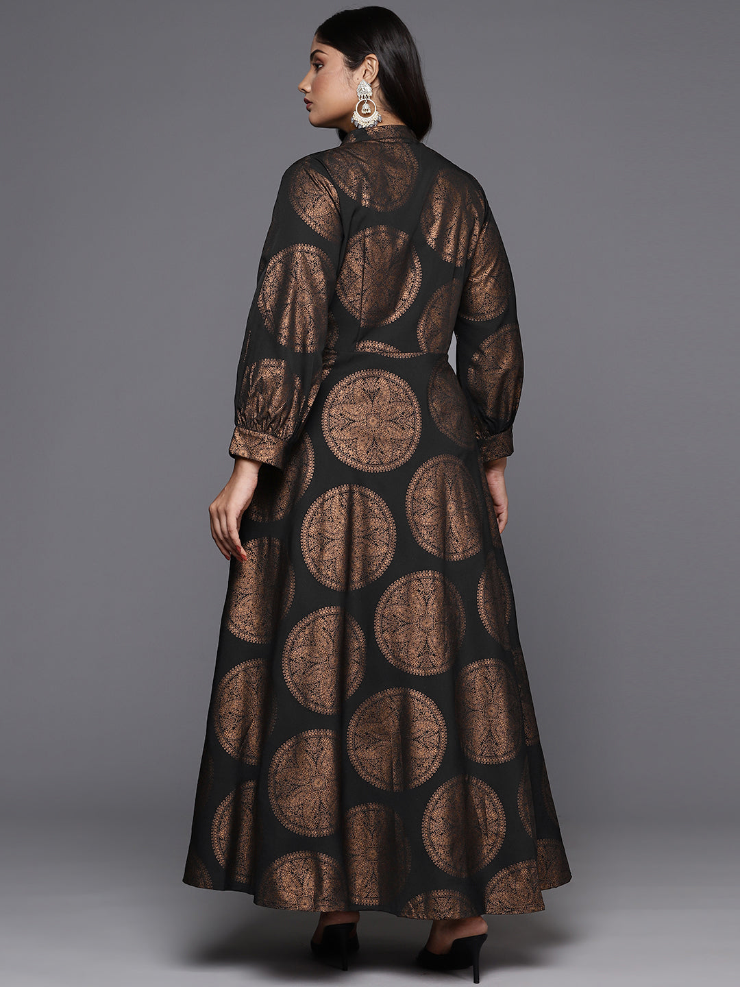 Black & Copper Printed Plus Size A-line Maxi Dress