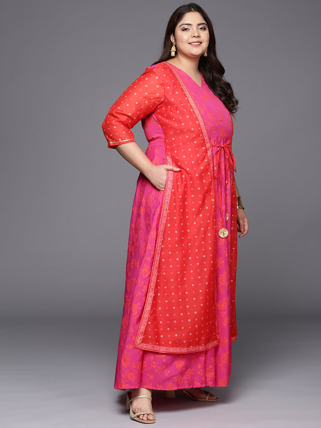 Pink & Red Plus Size Layered Maxi Ethnic Dress