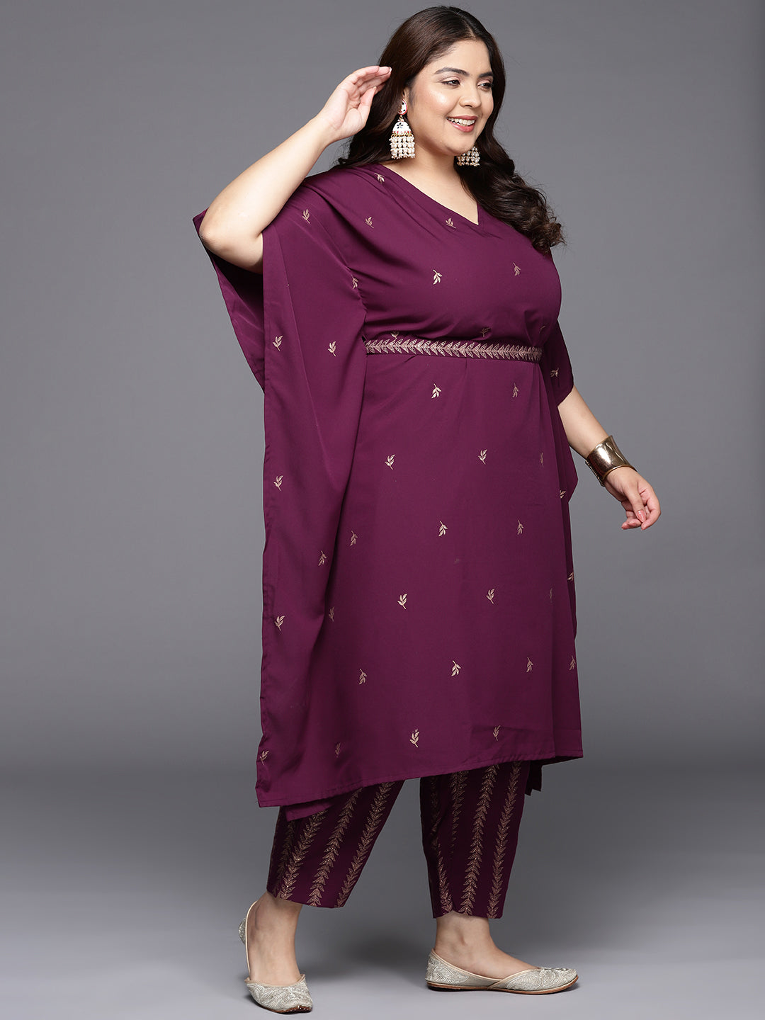 Burgundy & Gold Printed Plus Size Kaftan Kurta with Trousers