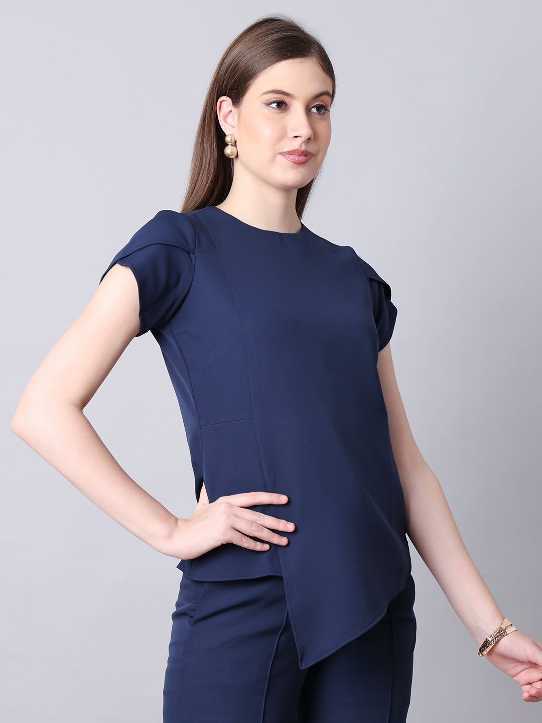 Exude Elysian Essence Asymmetrical Top with Cap Sleeves