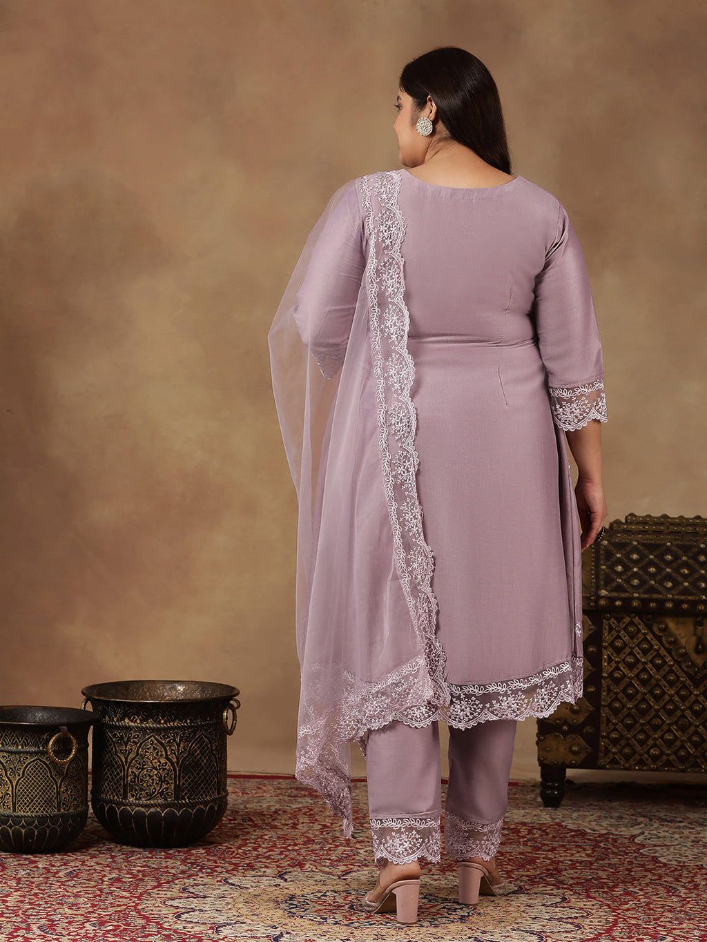 Plus Size Floral Embroidered Thread Work A-Line Kurta With Trousers & Dupatta - ID