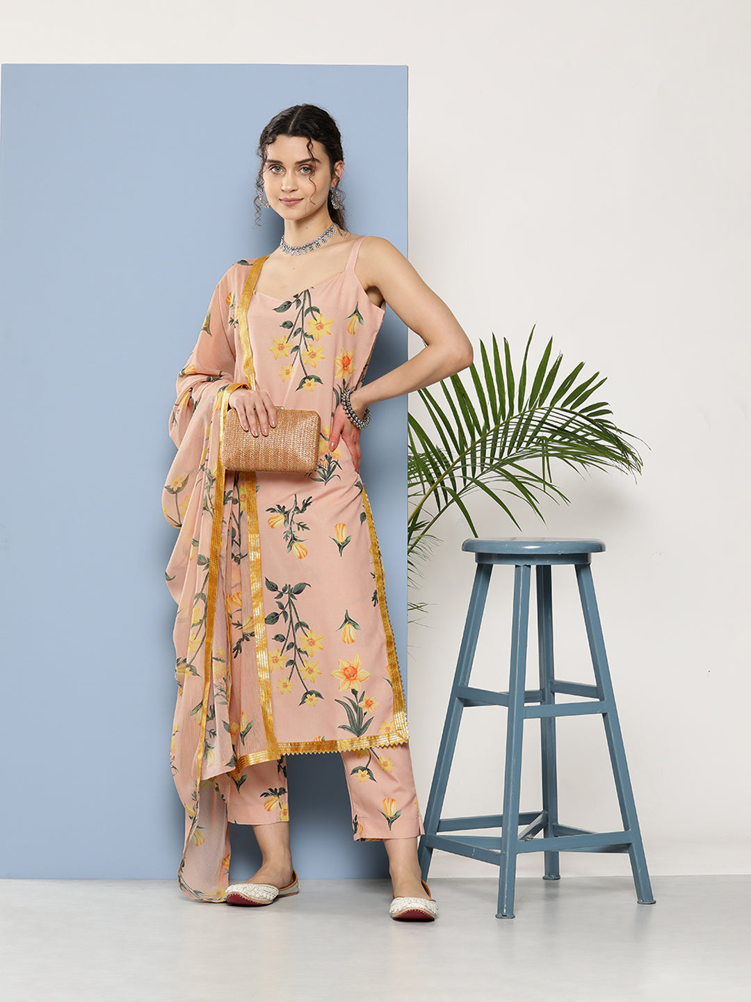 Nude-Coloured Floral Printed Gotta Patti Kurta with Trousers & With Dupatta