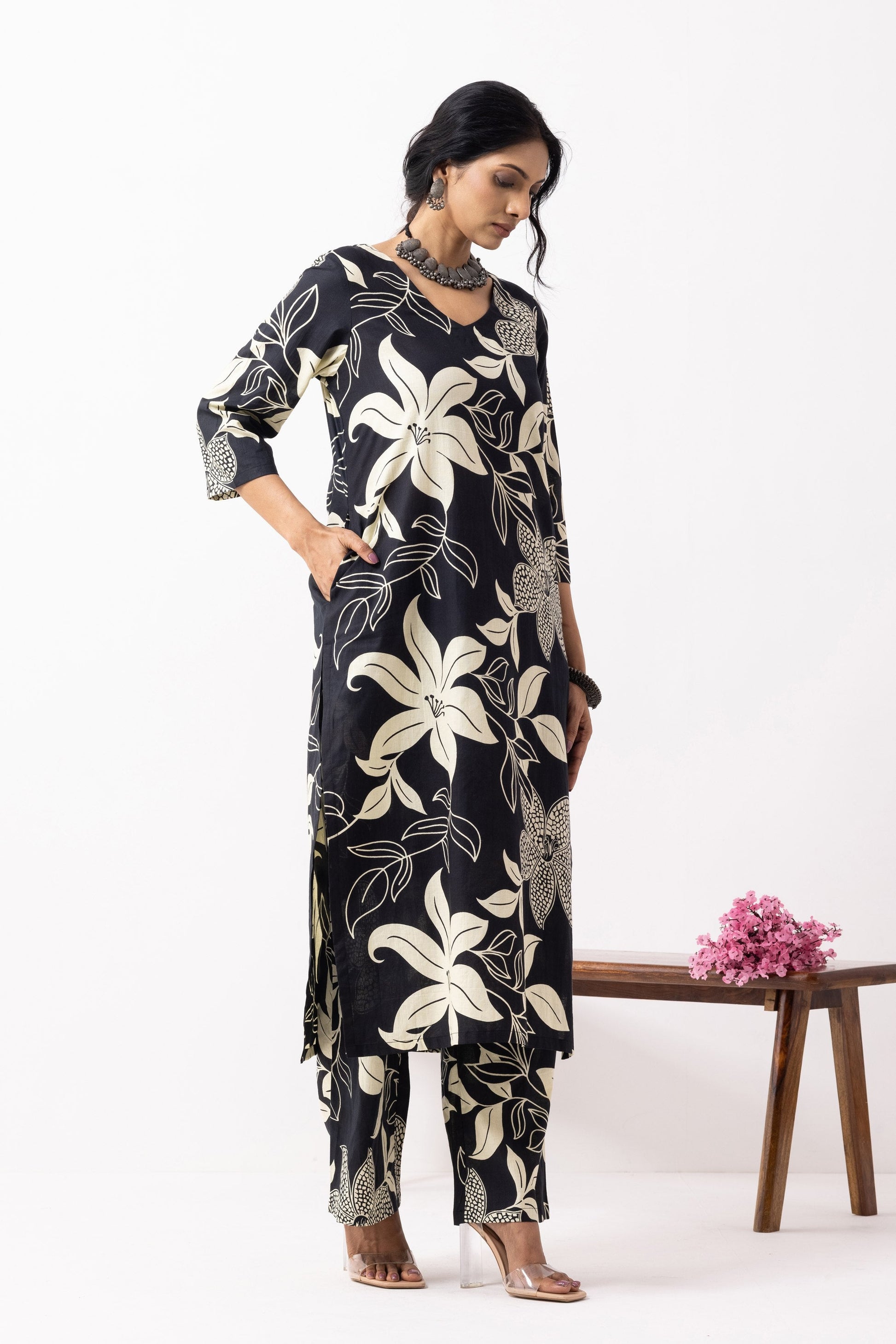 Black Block Printed Mira Kurta Set (Set of 2)- IC