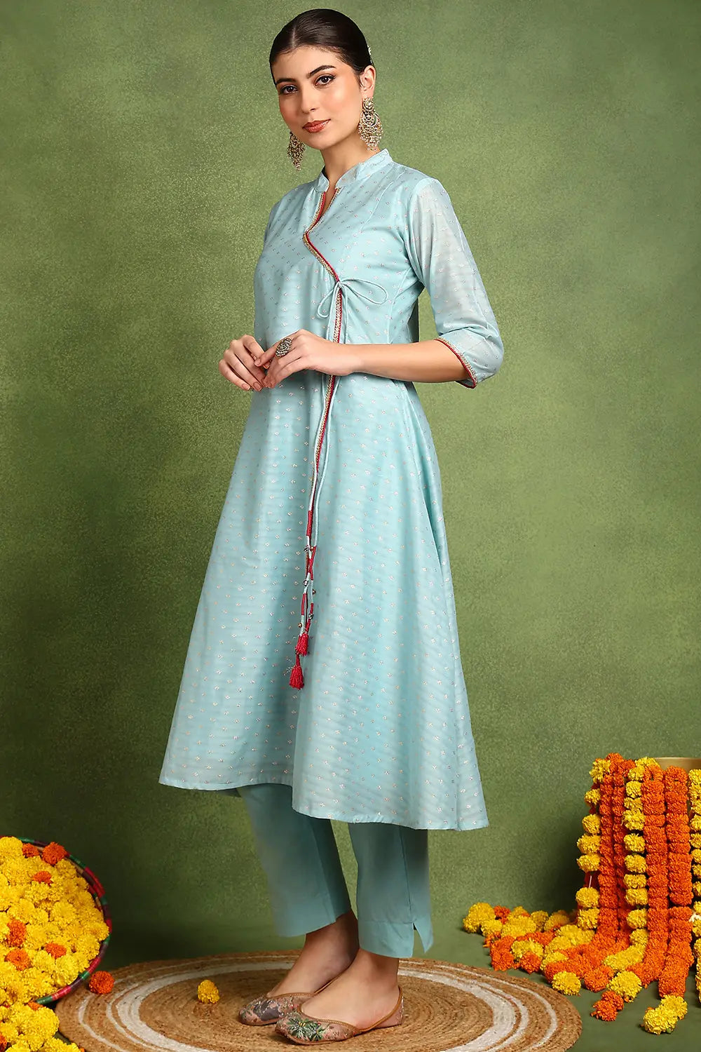 Blue Khari Printed Chanderi Silk Angrakha Kurta