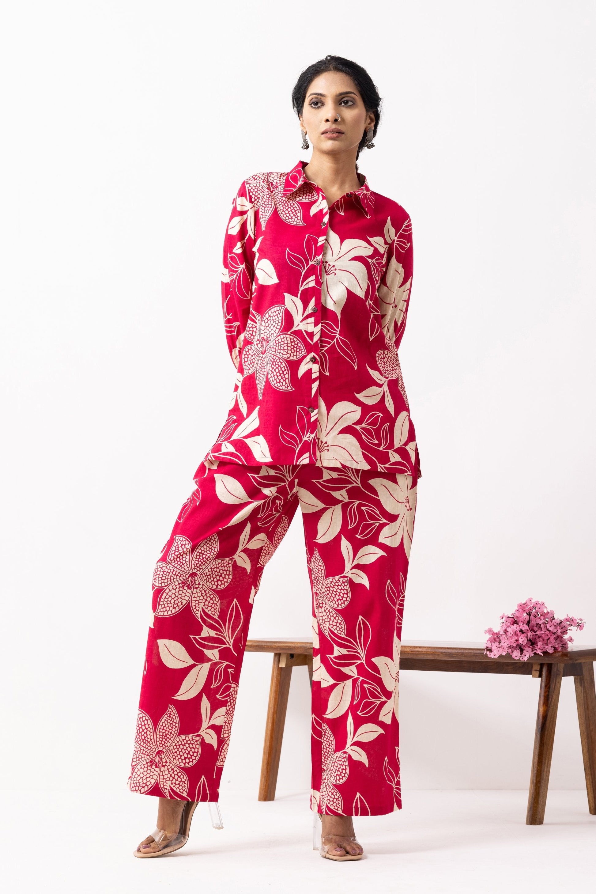 Crimson Red Block Printed Caroline Co-ord Set (Set of 2)- IC