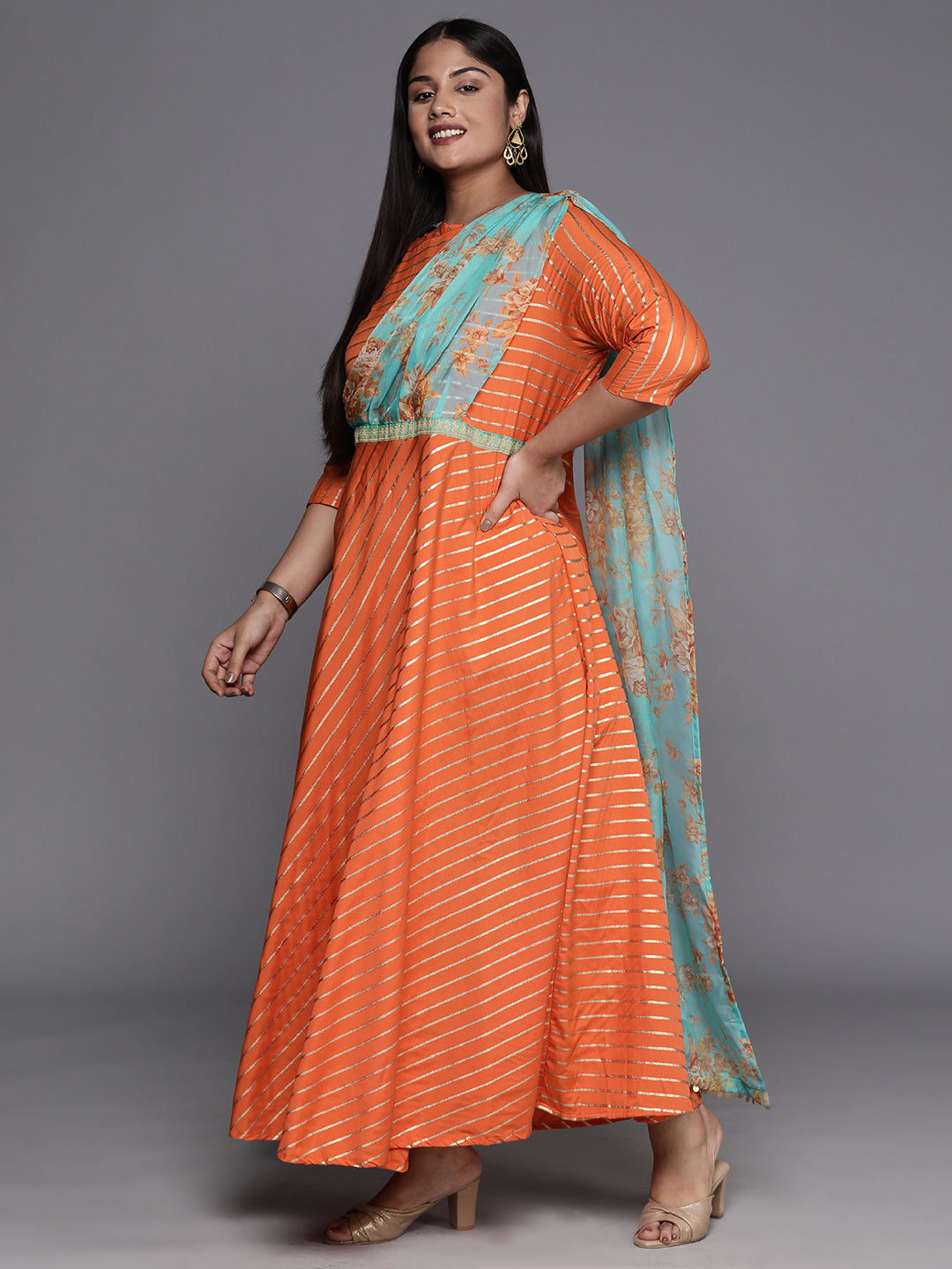 Orange Gold & Green Plus Size Maxi Ethnic Dress