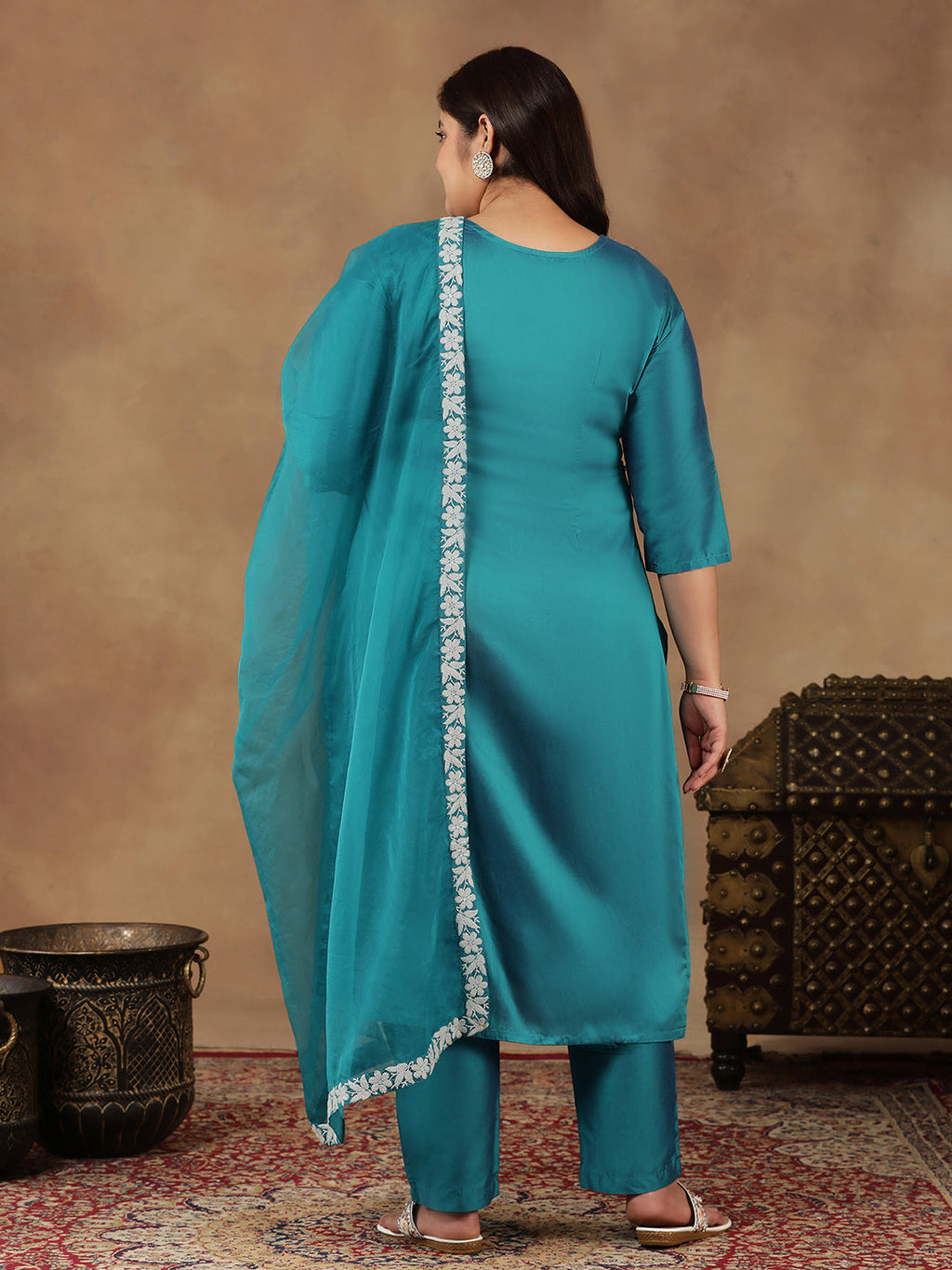 Plus Size  Floral Yoke Design Thread Work Straight Kurta With Trouser & Dupatta - ID