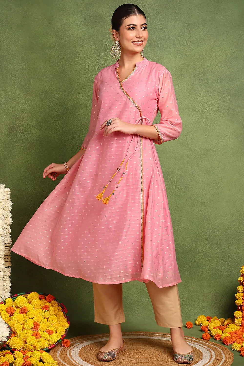 Pink Khari Printed Chanderi Silk Angrakha Kurta