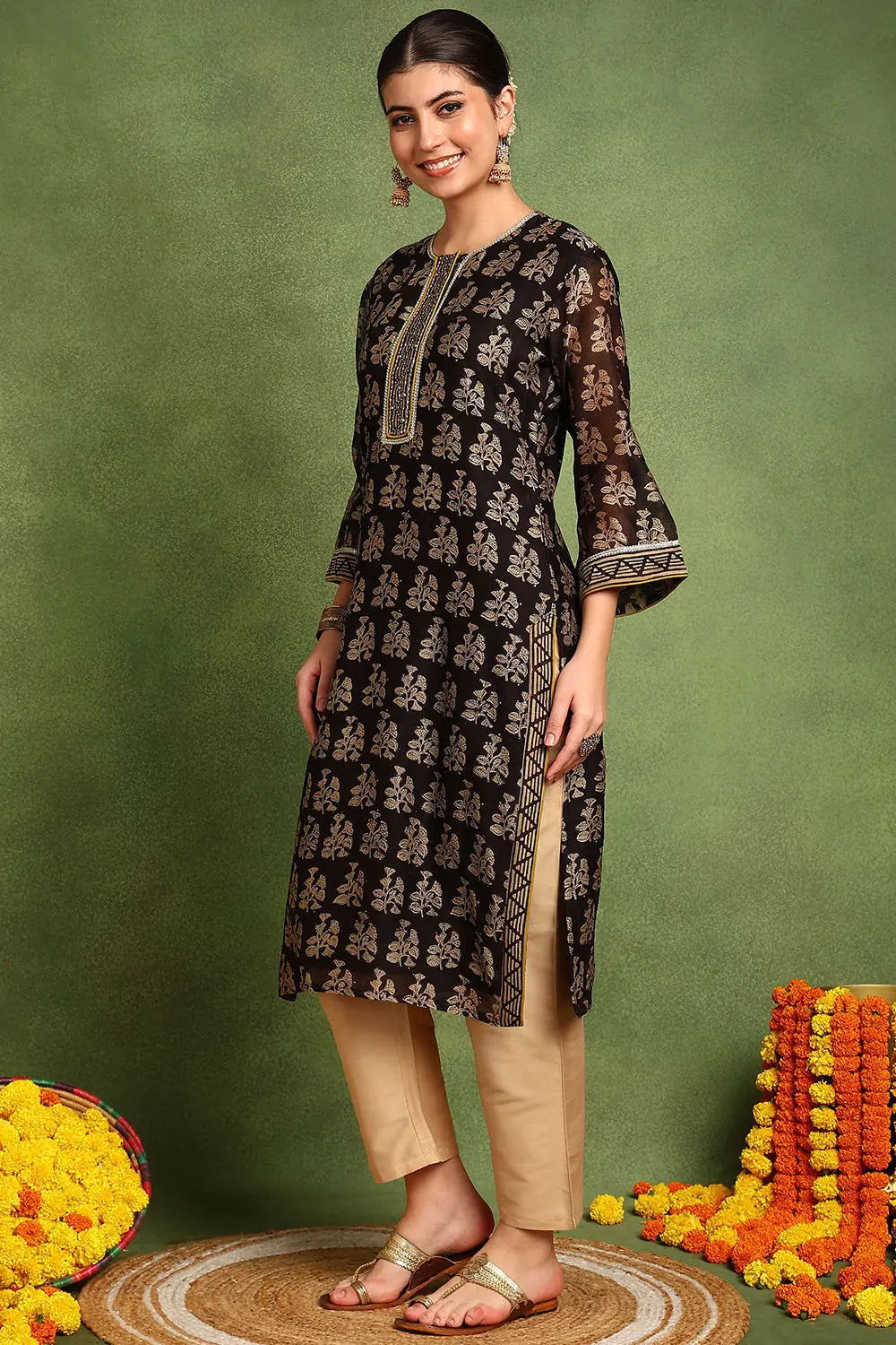 Black Chanderi Silk Kurta