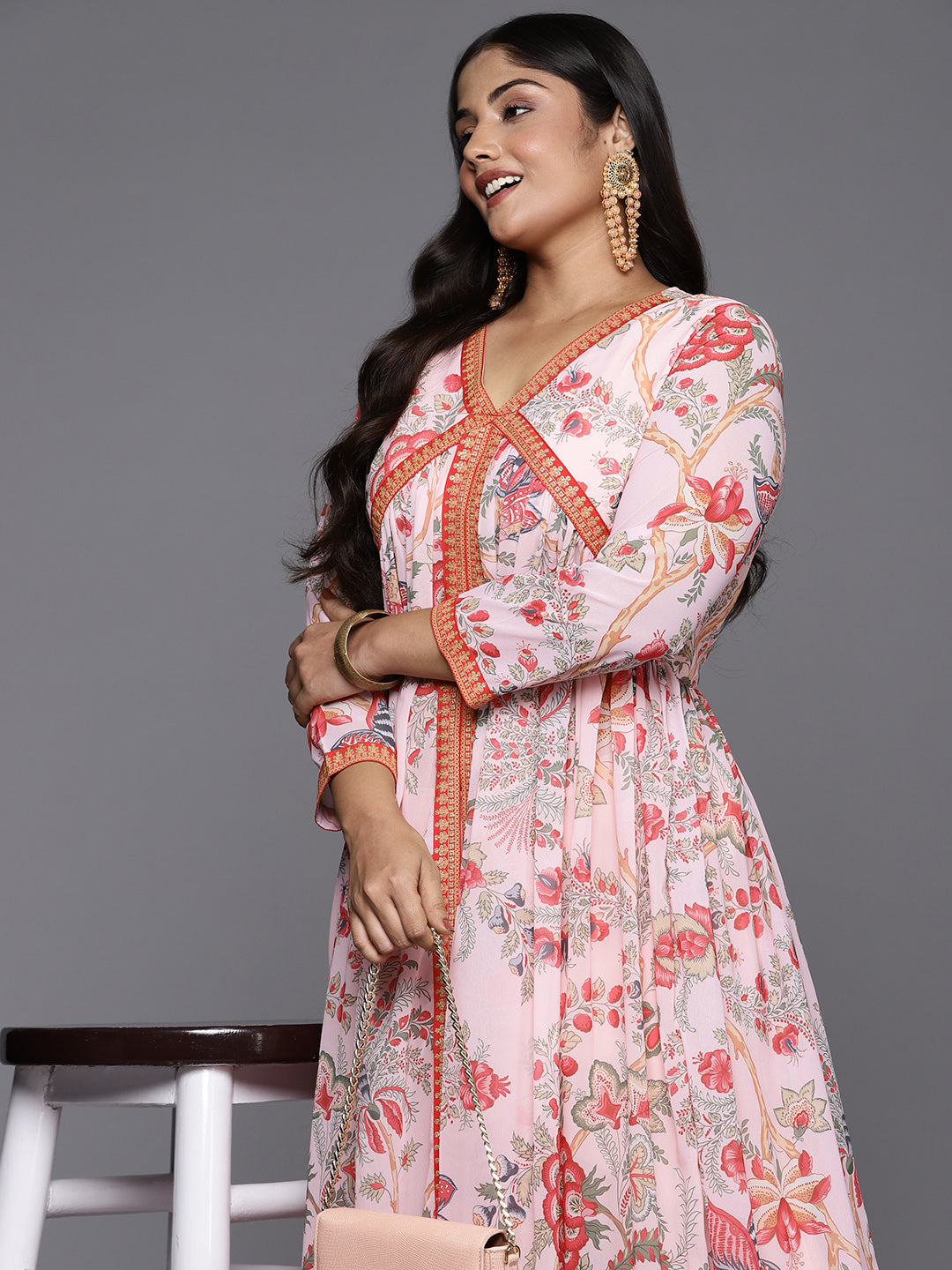 Pink Floral Printed Plus Size High Slit Kurta with Trousers