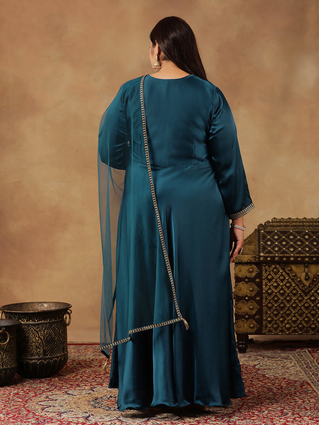 Floral Yoke Design Sequinned Satin Anarkali Kurta with Dupatta - ID