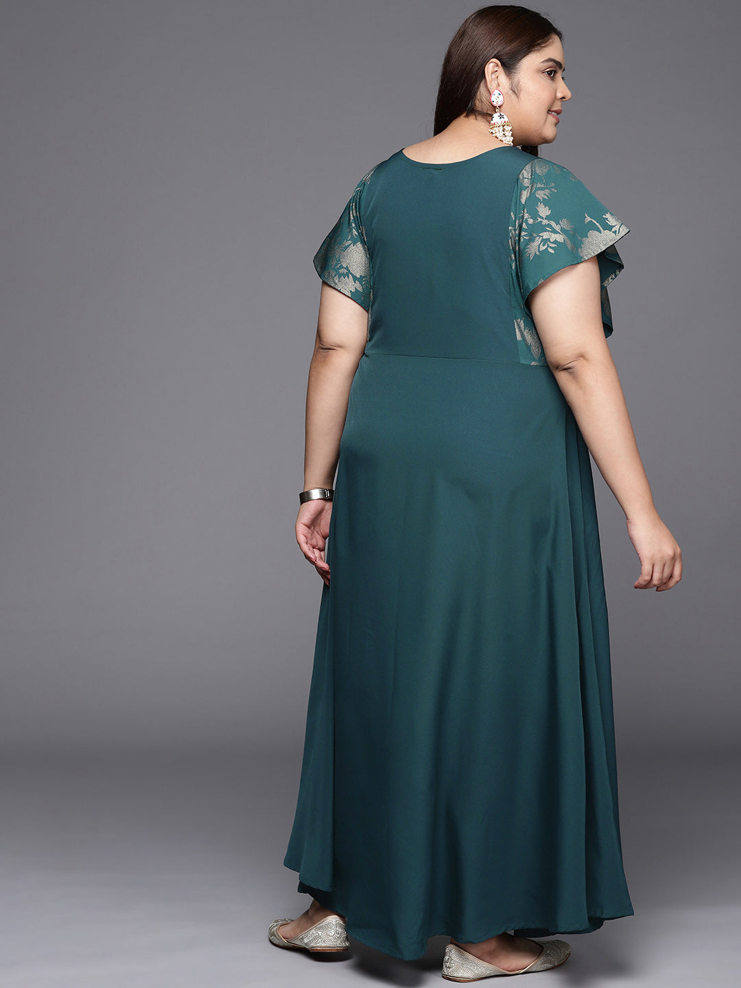 Teal Plus Size Floral Print A-line Maxi Ethnic Dress