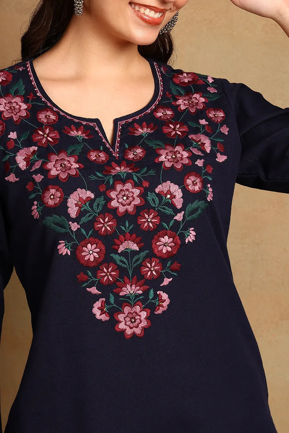 Navy Blue Embroidered Flax Linen Kurta