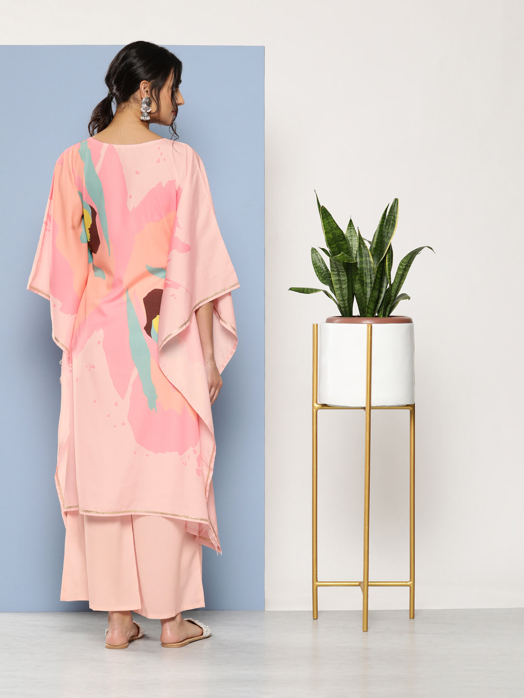 Pink Printed Gotta Patti Kaftan Kurta with Palazzos