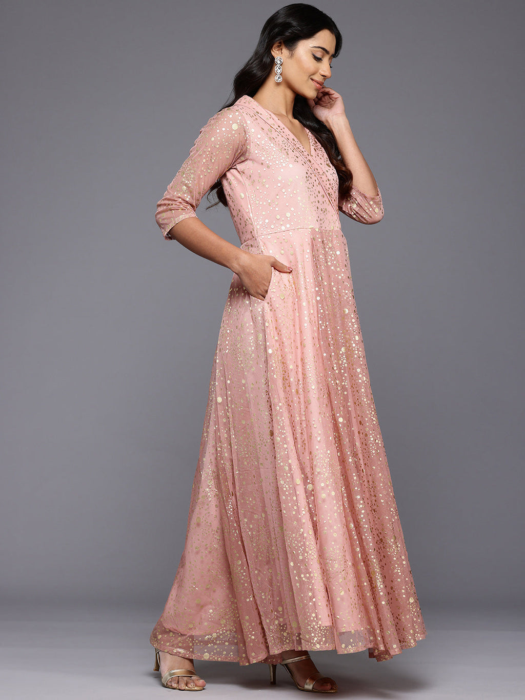 Polka Dots Printed Maxi Wrap Ethnic Dress-AH