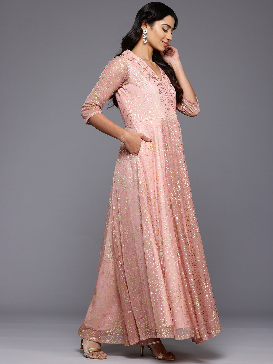 Polka Dots Printed Maxi Wrap Ethnic Dress-AH