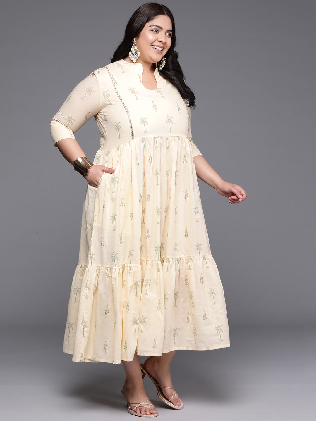 Plus Size Tropical Printed Pure Cotton Midi Ethnic Dress