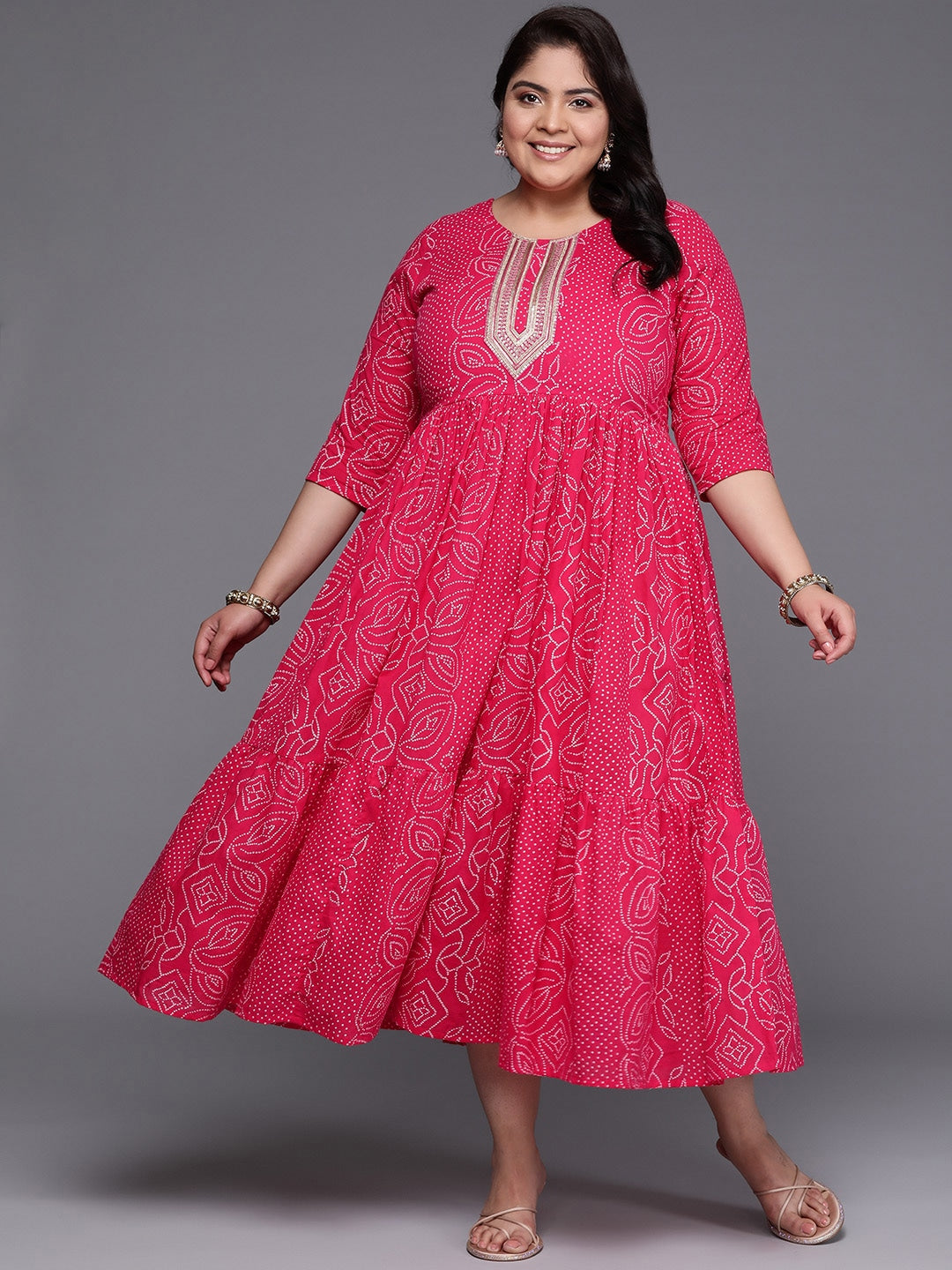 Plus Size Printed Fit & Flare Midi Ethnic Dress