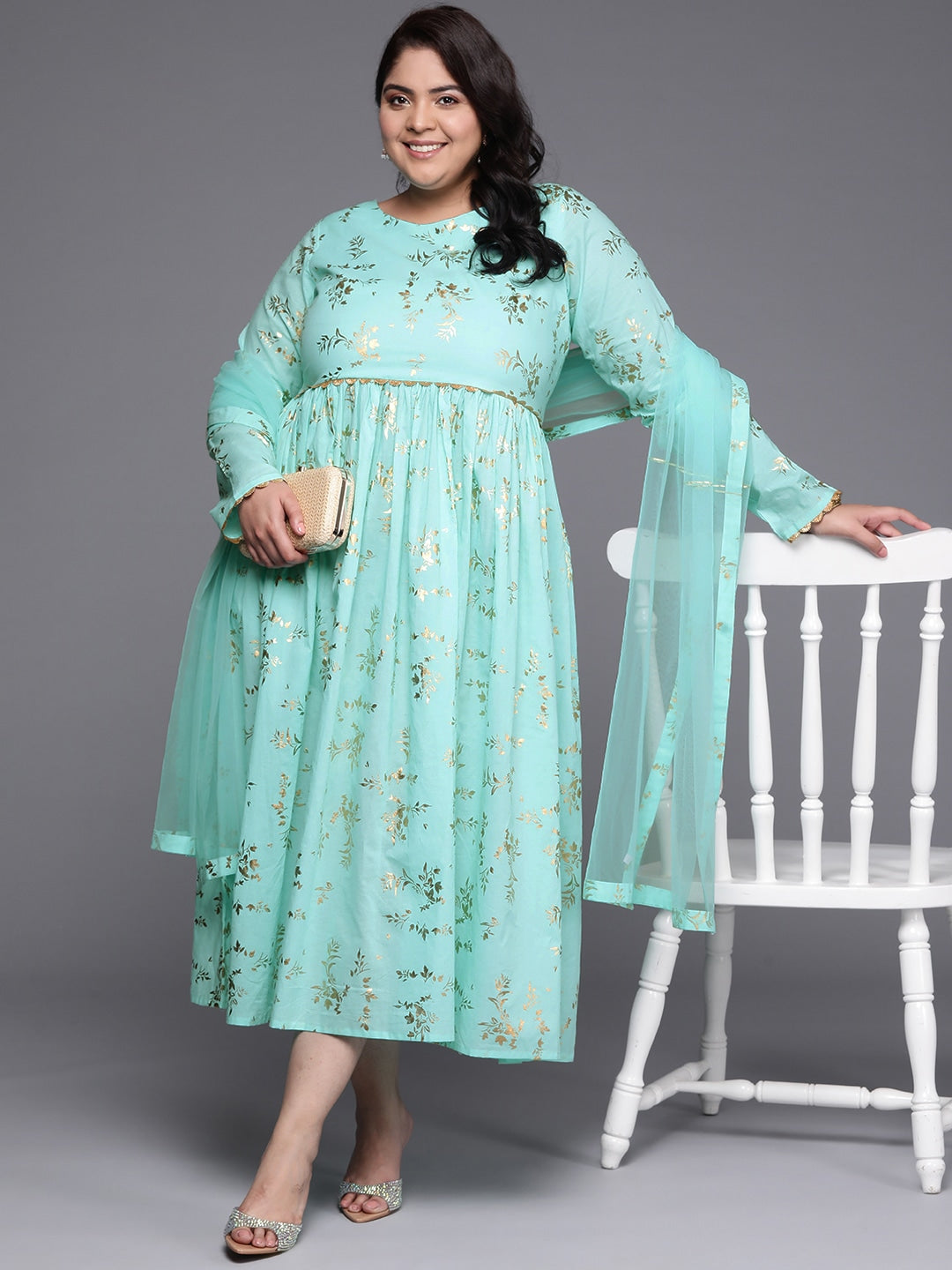 Plus Size Floral Printed Midi Pure Cotton Ethnic Dress with Dupatta