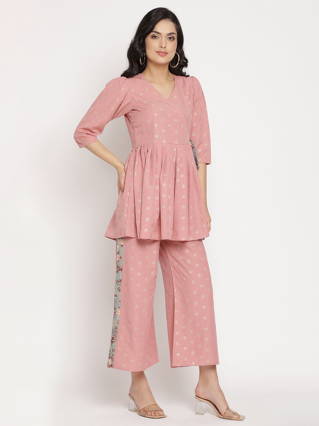 Pink Printed Angrakha Kurti with Palazzos