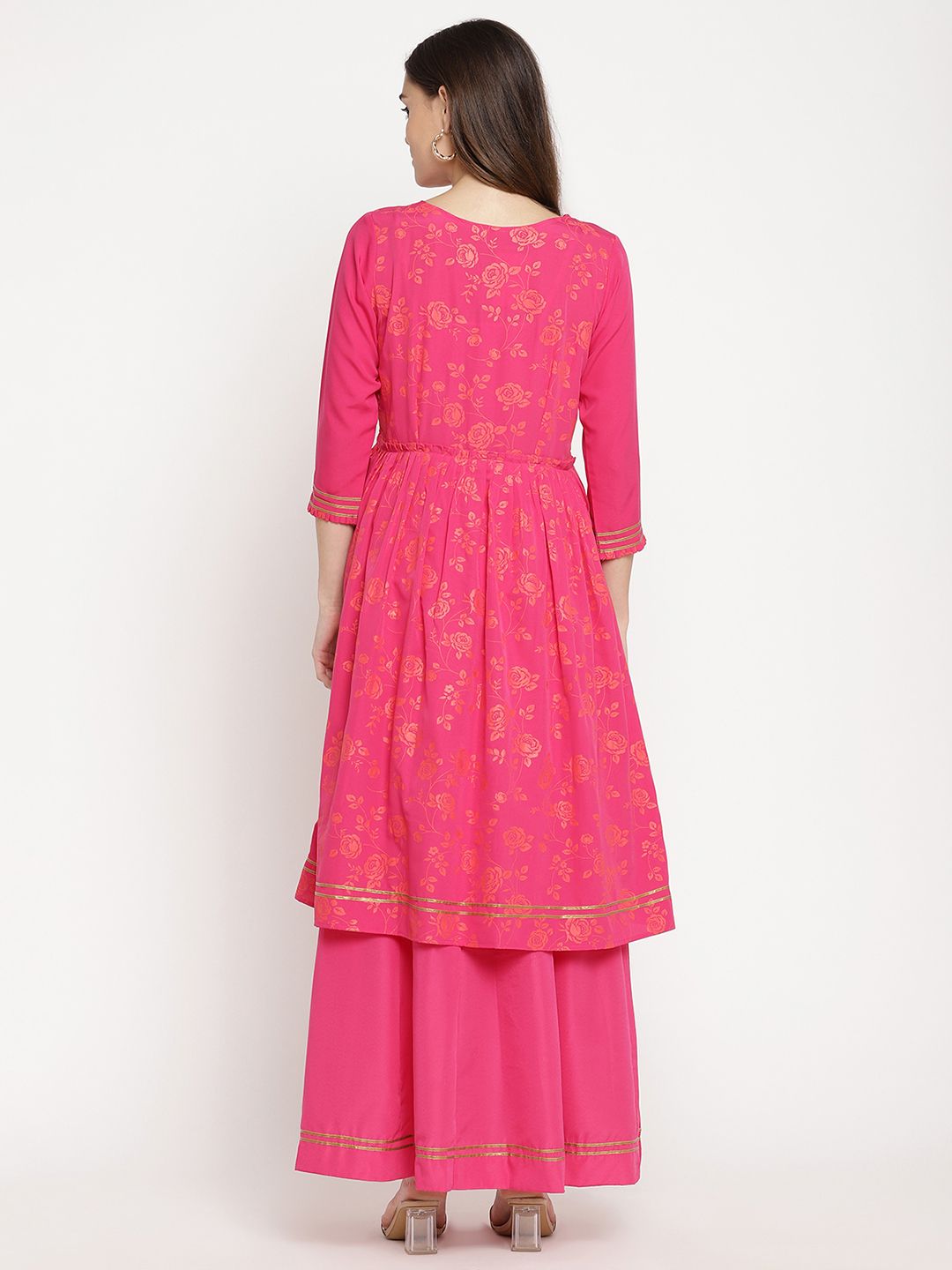 Dark Pink Printed Layered Tie- Ups Dress