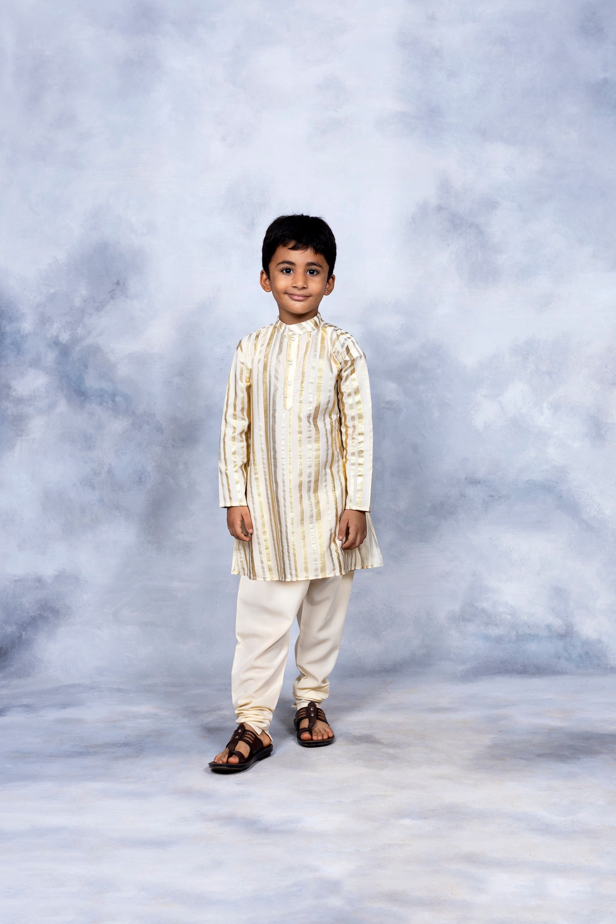 Boys Cream Foil Print Kids Kurta Churidar Set