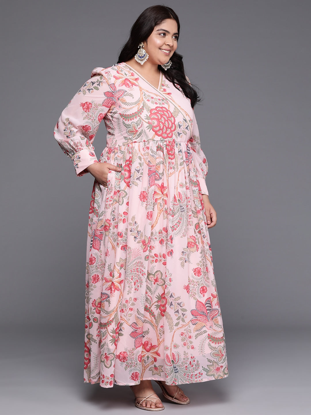 Plus Size Floral Printed Wrap Maxi Ethnic Dress-AH