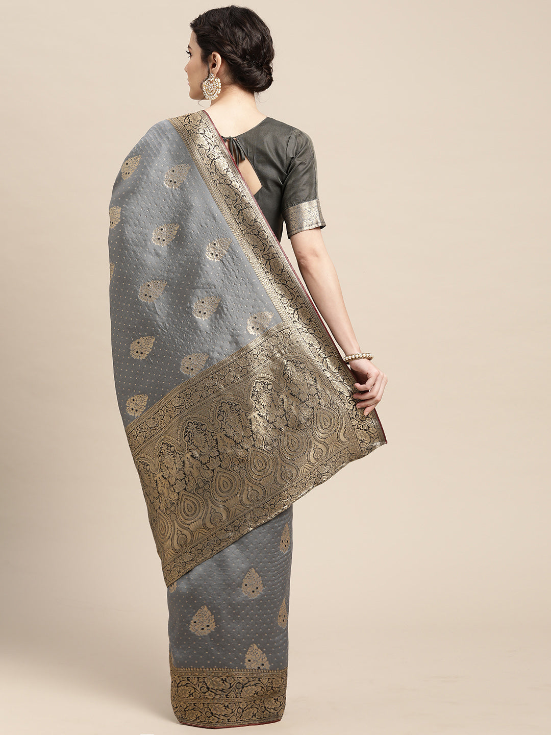 Silk Blend Grey Woven Design Woven saree With Blouse