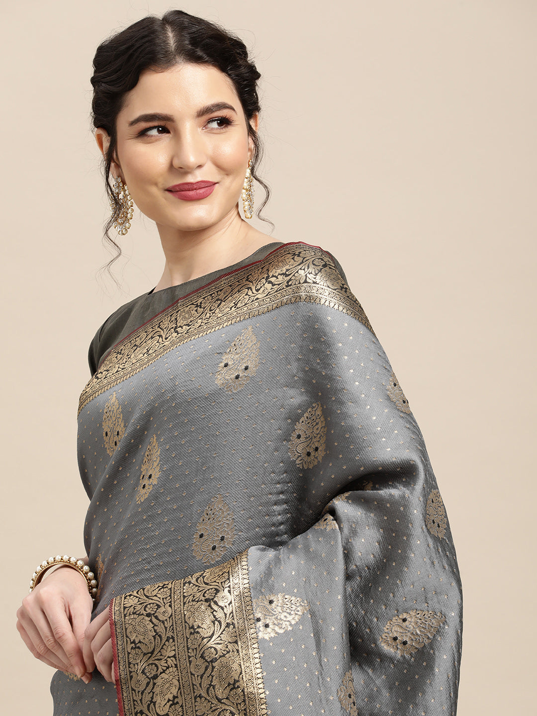 Silk Blend Grey Woven Design Woven saree With Blouse