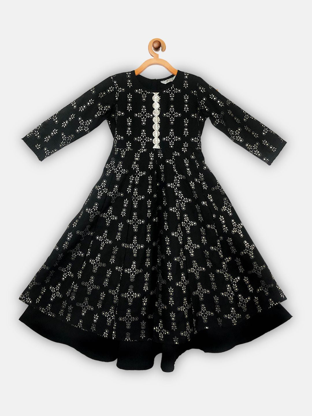 Black Chanderi Gold Foil Printed Girls Dress